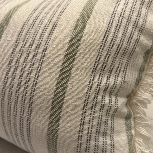 PRICE ⬇️ Rectangle Cream Fringe Decorative Pillow with Green & Grey Stripes - Picture 2 of 2